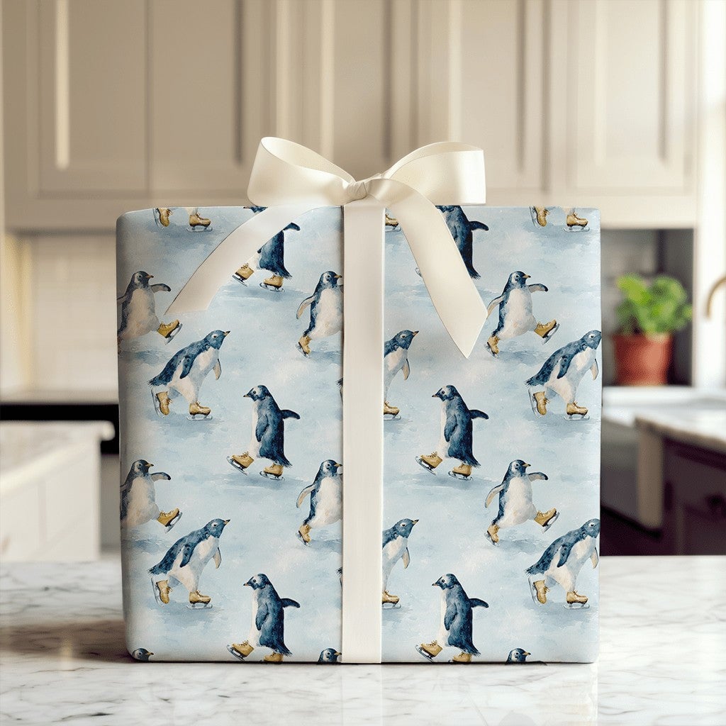 Adorable Winter Animal Gift Wrap, Ice Skating Penguin Christmas Wrapping Paper, Watercolor Holiday Wrapping Paper, Festive Ki