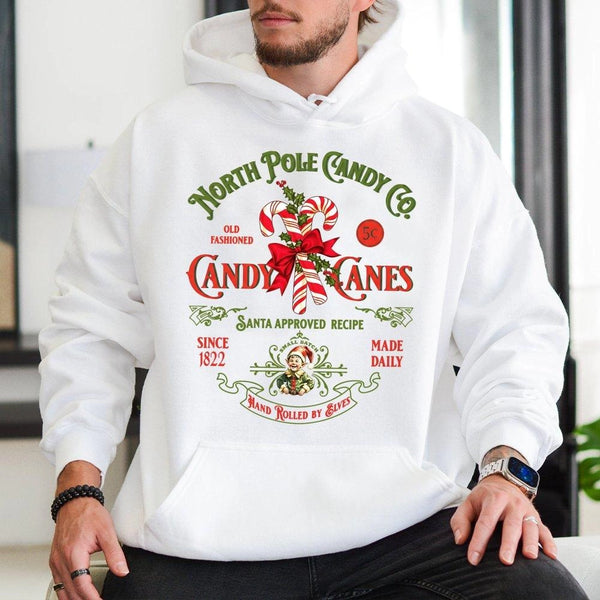 North Pole Christmas Sweatshirt, Retro Candy Cane Hoodie, Adorable Vintage Xmas Holiday Pullover, Festive Winter Hooded Sweat