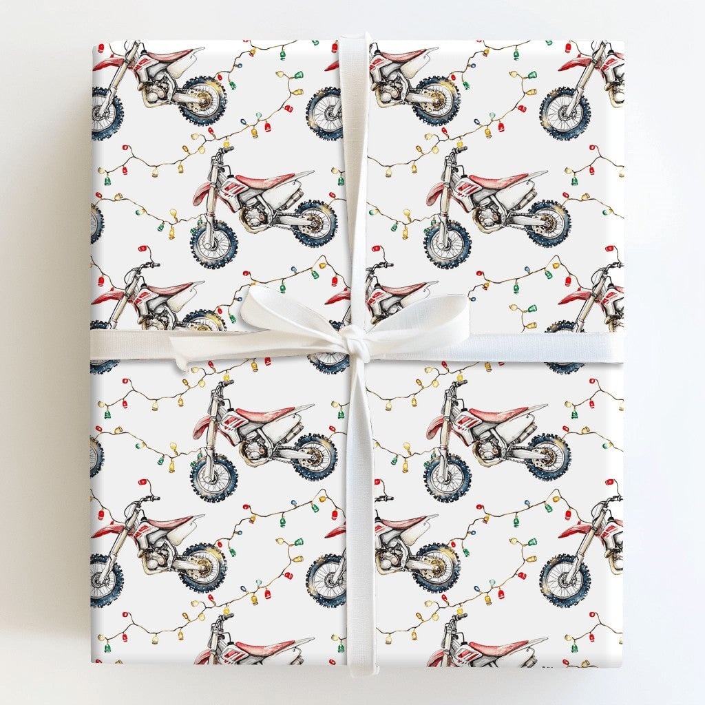 Dirt Bike Holiday Gift Wrap Roll, Motocross Christmas Wrapping Paper, Christmas Lights Dirt Biker Present Paper, Racing Theme