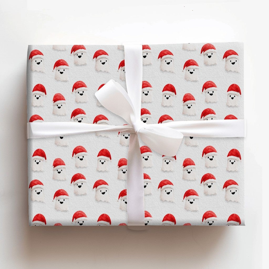 Spooky Santa Hat Gift Wrap, Christmas Ghost Wrapping Paper, Adorable Watercolor Ghost Holiday Wrapping Paper, Whimsical Winte