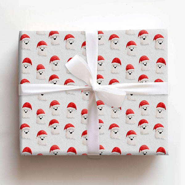 Spooky Santa Hat Gift Wrap, Christmas Ghost Wrapping Paper, Adorable Watercolor Ghost Holiday Wrapping Paper, Whimsical Winte