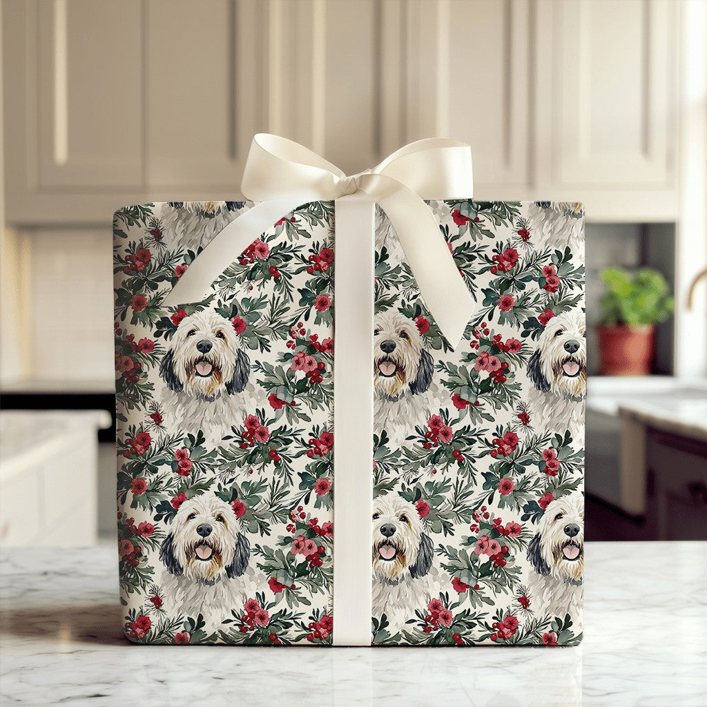 Christmas Dog Gift Wrap, Old English Sheepdog Wrapping Paper, Holiday Floral Wrapping Paper, Dog Lover Present Wrap, Winter G