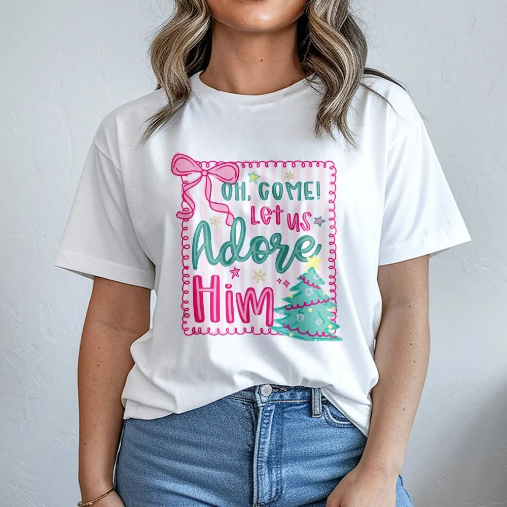 Pink Coquette Christmas Tree Tee, Oh Come Let Us Adore Him T-Shirt, Christian Holiday Graphic Shirt, Faith Aesthetic Scriptur