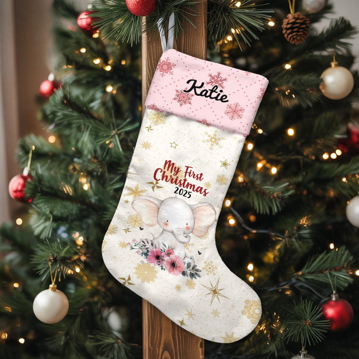 Adorable Floral Elephant Stocking, Personalized Baby First Christmas Stocking, Custom Name Holiday Stocking, Baby Girl Keepsa