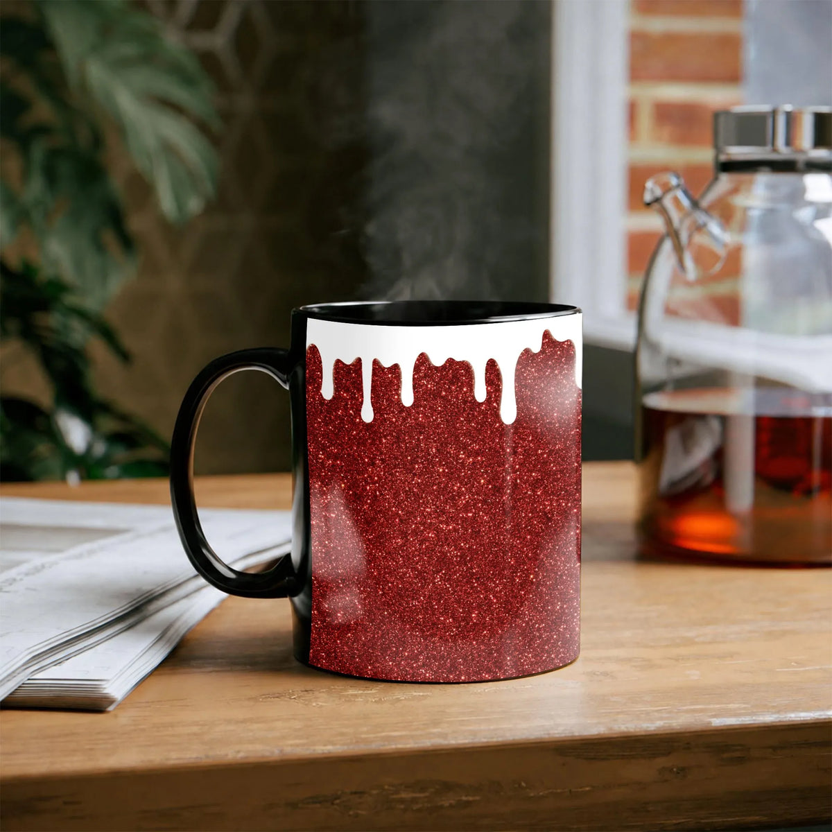 Dripping White Paint Effect Coffee Mug, Red Glitter Print Ceramic Mug, Sparkle Aesthetic Drinkware Mug, Glam Holiday Christma