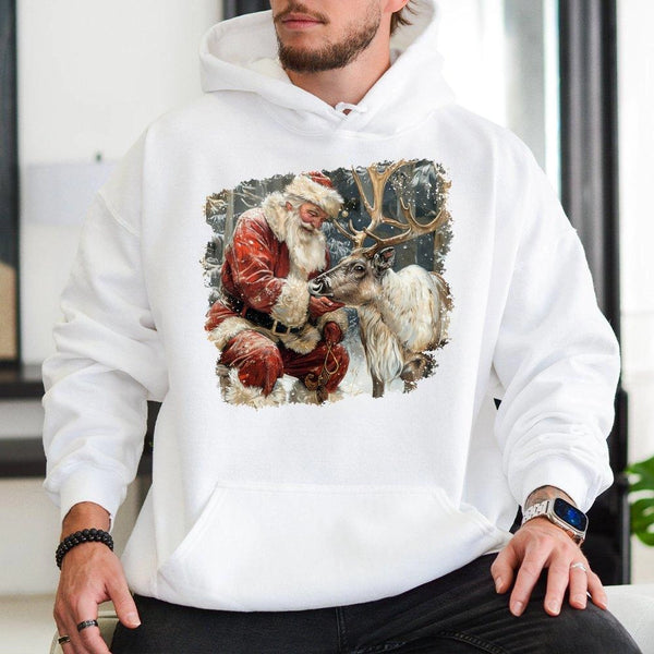 Comfy Christmas Graphic Hoodie, Vintage Santa and Reindeer Hoodie, Retro Holiday Winter Hoodie, Adorable Xmas Pullover Sweats