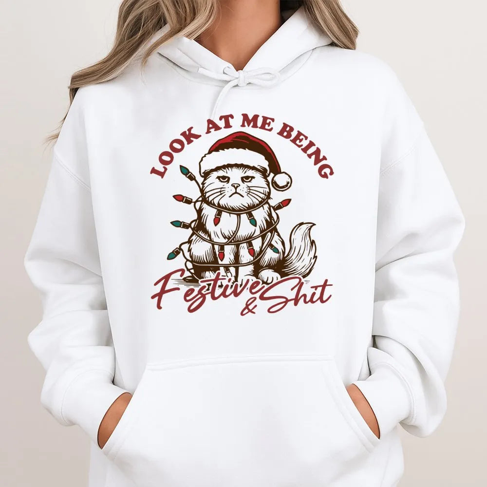Grumpy Kitten Holiday Hoodie, Humorous Christmas Cat Hoodie, Sarcastic Xmas Animal Sweatshirt, Adorable Cat Lover Pullover Ho