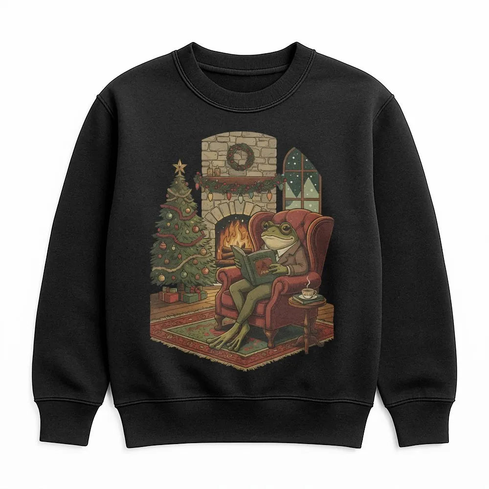 Comfy Cabin Bookish Crewneck, Reading Frog Christmas Sweatshirt, Adorable Frog Book Lover Pullover, Holiday Reader Sweatshirt