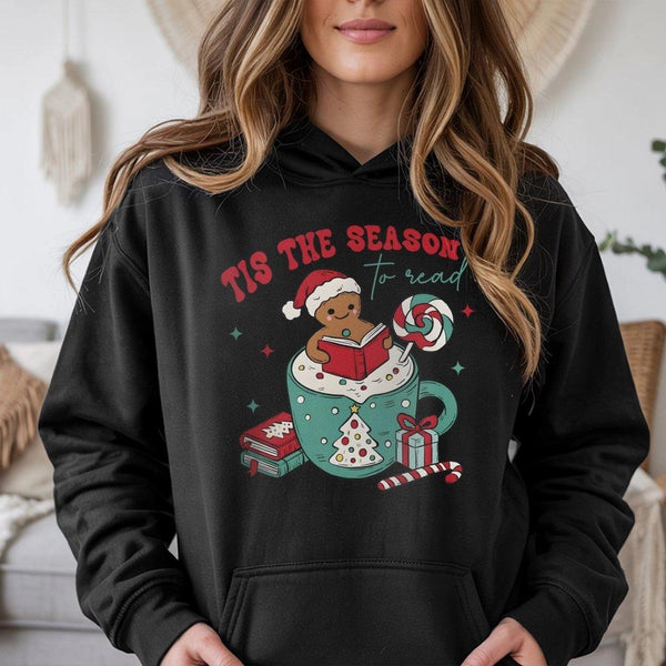 Adorable Gingerbread Reading Bookish Hooded Sweatshirt, Tis the Season to Read Hoodie, Christmas Book Lover Pullover, Comfy W