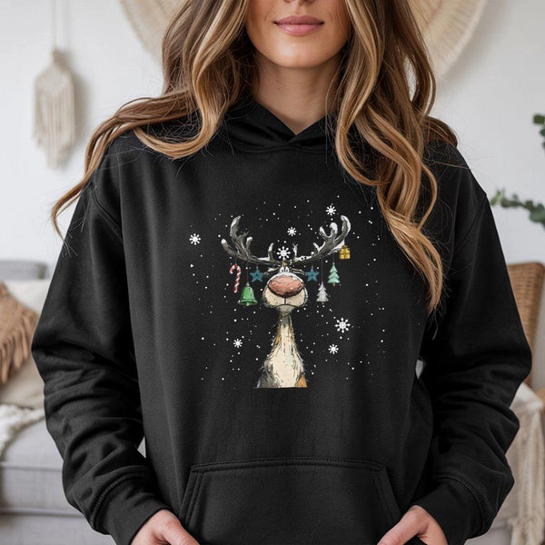 Humorous Decorated Antlers Christmas Sweatshirt, Adorable Reindeer Hoodie, Festive Holiday Animal Pullover, Comfy Winter Xmas