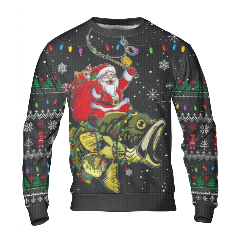 Bass Fisherman Holiday Sweater, Santa Claus Fishing Ugly Christmas Sweater, Humorous Angler Fish Ugly Sweater