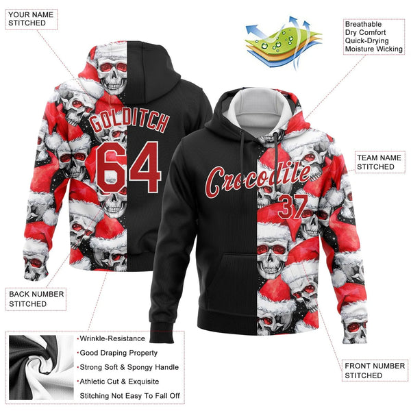 Christmas Skull Sweatshirt, Custom Santa Hat Skull Hoodie, Personalized Name Number Holiday Hoodie, Xmas Sports Pullover Hood