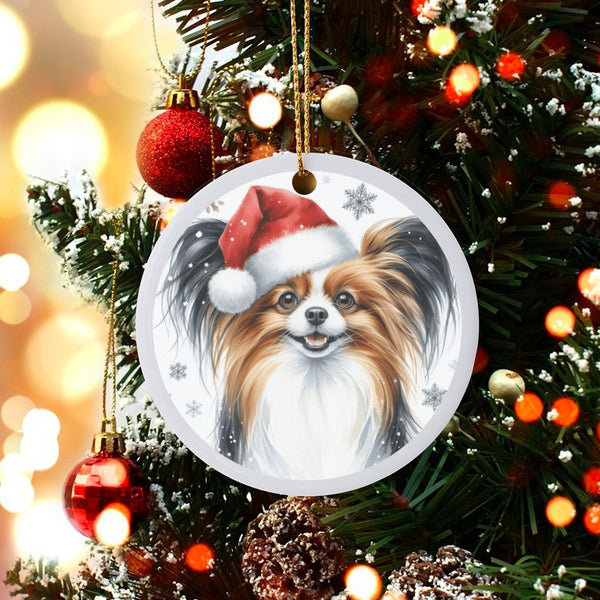 Santa Hat Dog Ornament, Papillon Christmas Ornament, Festive Puppy Tree Ornament, Ceramic Pet Keepsake, Holiday Present for D