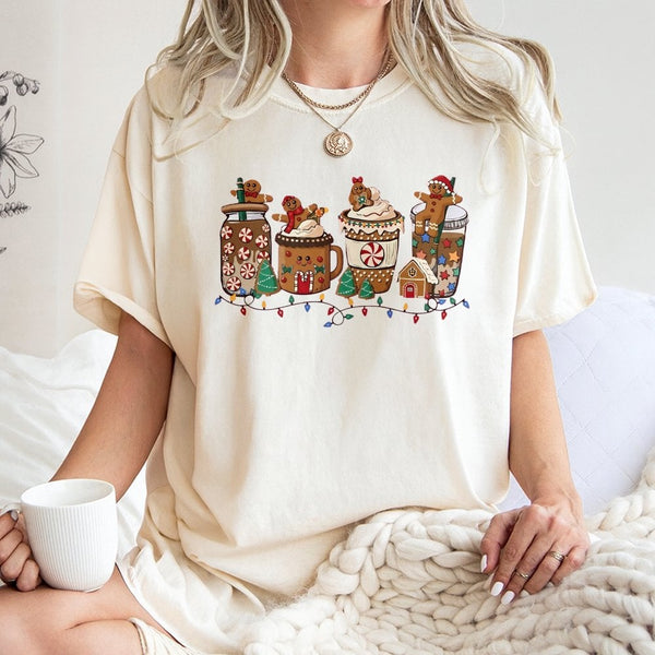 Adorable Holiday Drink Graphic Shirt, Gingerbread Coffee Christmas T-Shirt, Festive Coffee Lover Tee, Winter Seasonal Aesthet