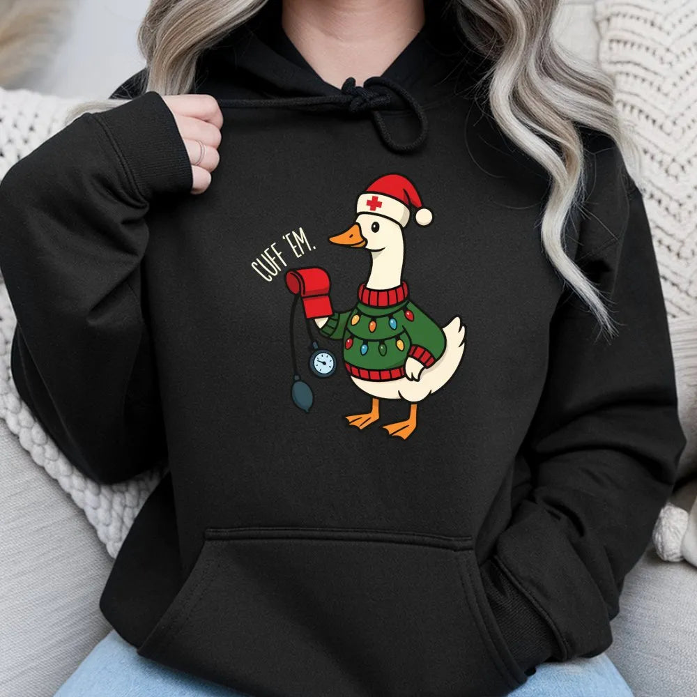 Humorous Goose Cuff Em Hoodie, Nurse Christmas Hoodie, Holiday Healthcare Worker Pullover, Adorable Nursing Student Xmas Pres