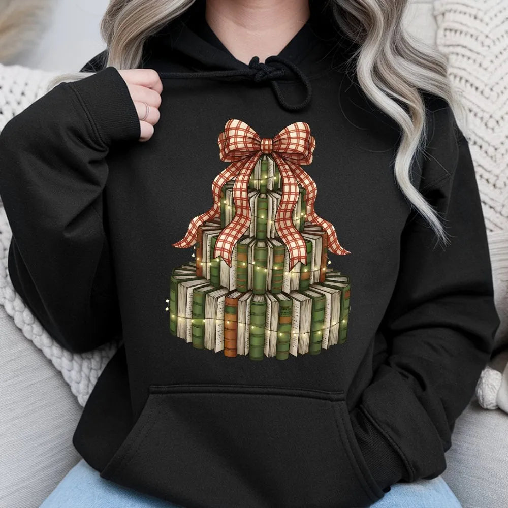 Festive Library Stack Hoodie, Christmas Book Tree Hoodie, Bookish Holiday Graphic Sweatshirt, Reader Teacher Pullover Hoodie 