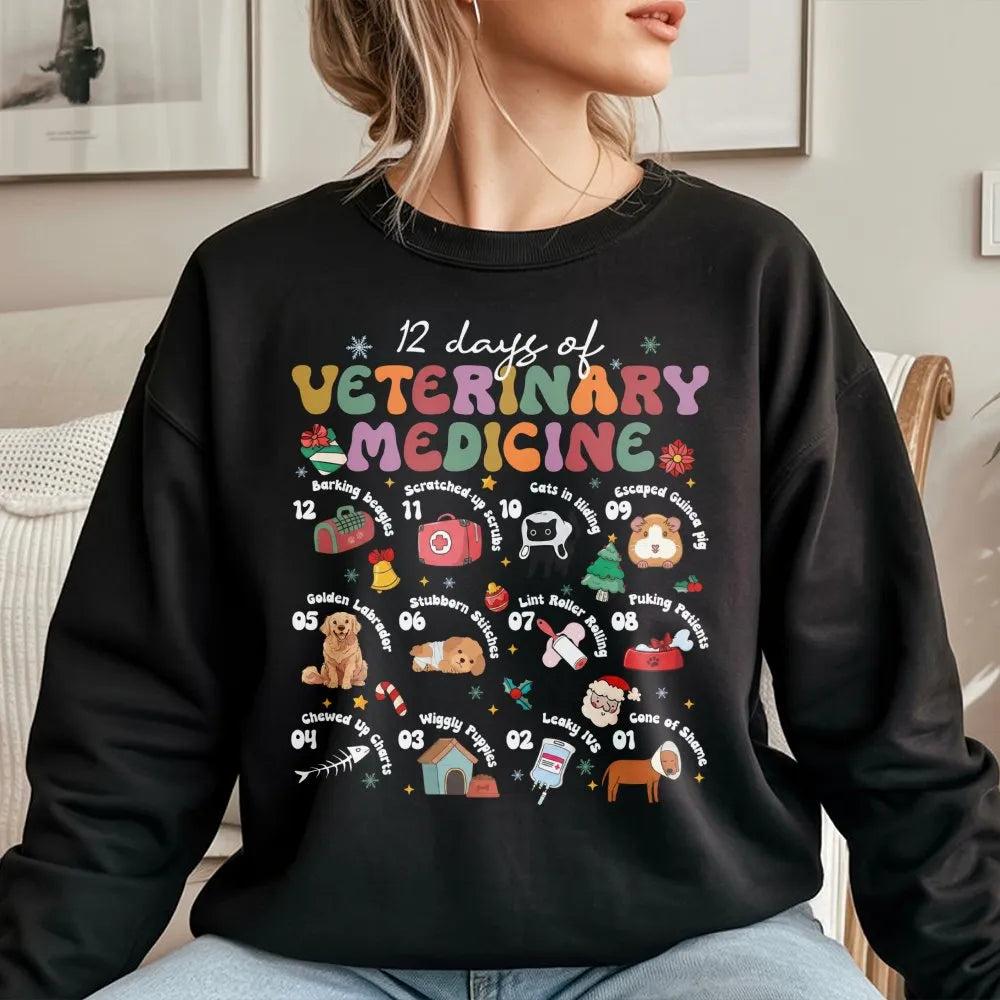 Retro Vet Tech Christmas Crewneck, 12 Days of Veterinary Medicine Sweatshirt, Humorous Animal Doctor Sweater, Holiday Vet Cli