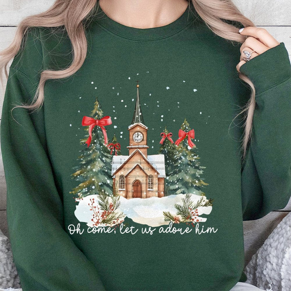 Watercolor Church Christmas Crewneck, Oh Come Let Us Adore Him Sweatshirt, Christian Nativity Religious Pullover, Holiday Fai