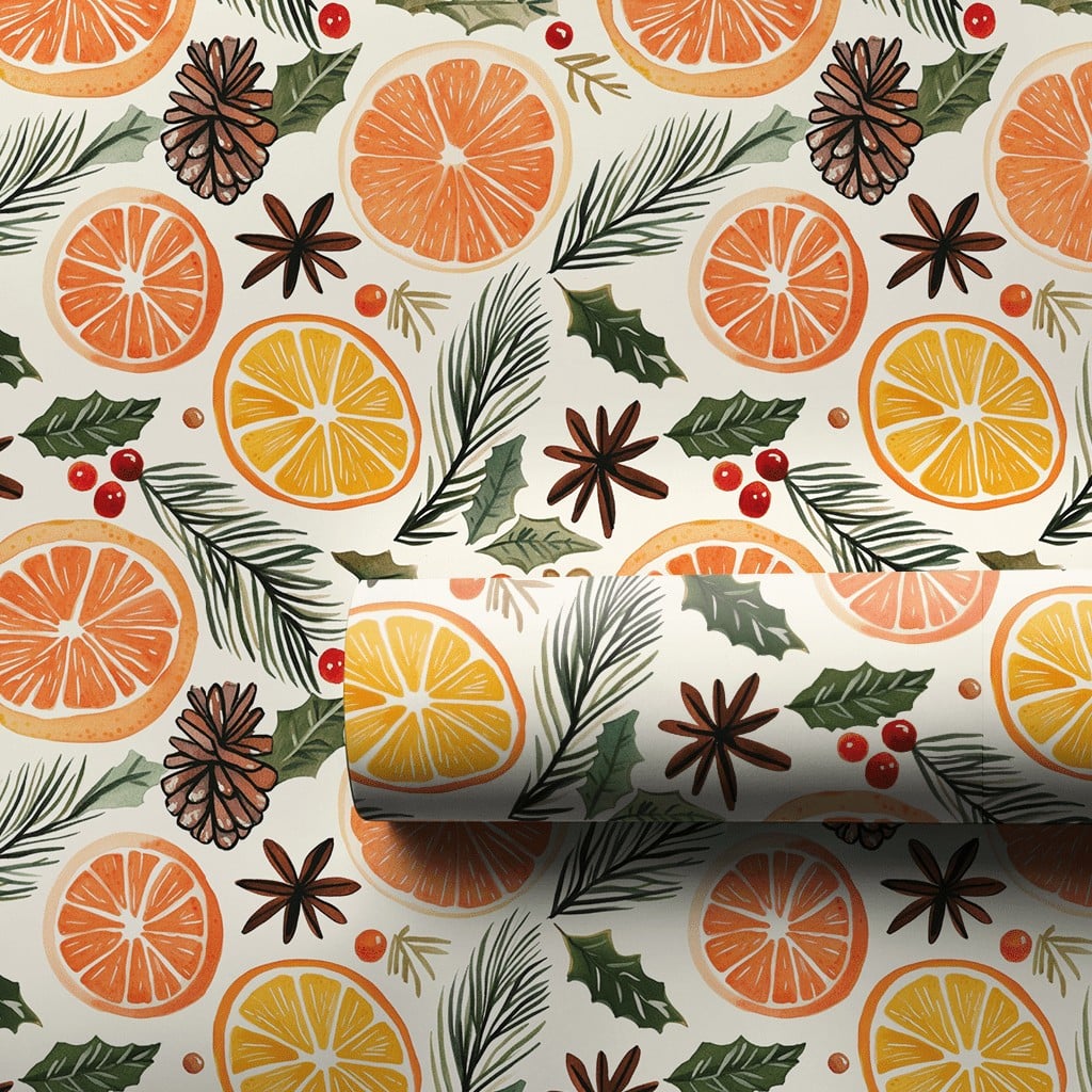 Pinecone Rustic Gift Wrap, Dried Orange Christmas Wrapping Paper, Botanical Winter Holiday Wrapping Paper, Comfy Season Gift 