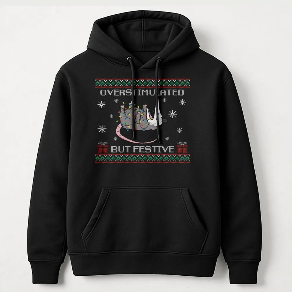 Humorous Christmas Lights Sweatshirt, Overstimulated but Festive Possum Hoodie, Quirky Holiday Pullover, Adorable Possum Wint