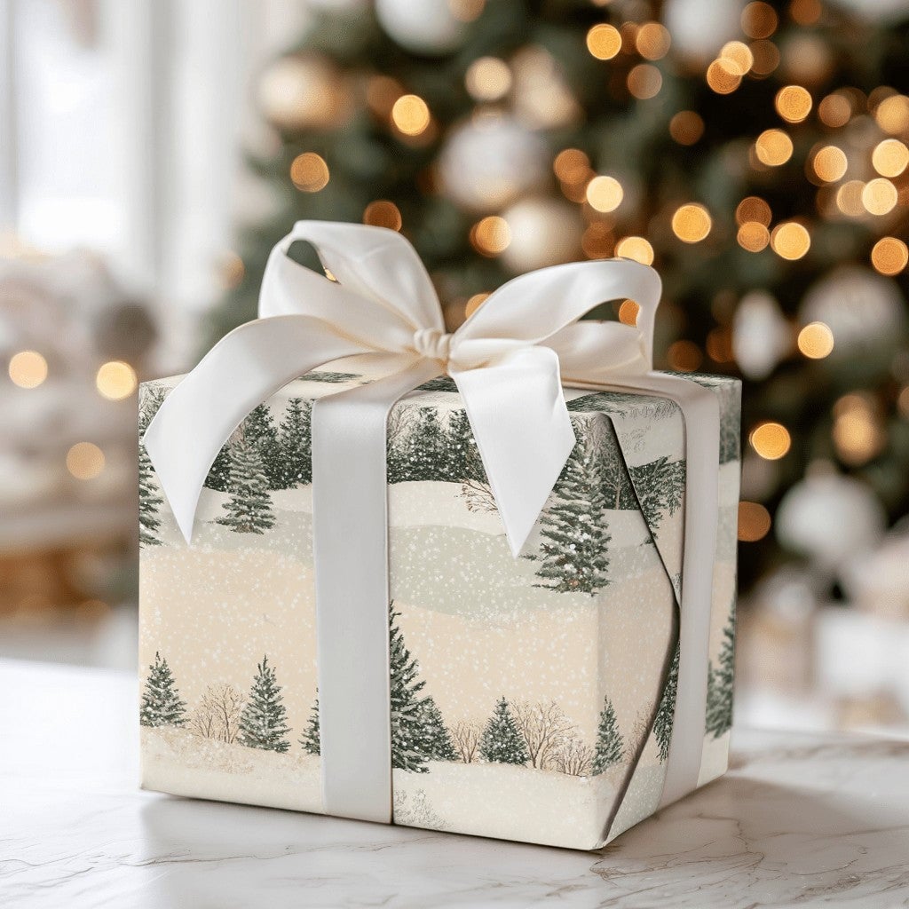 Snowy Pine Tree Gift Wrap, Winter Forest Wrapping Paper, Rustic Holiday Wrapping Paper, Scenic Woodland Gift Wrap, Christmas 