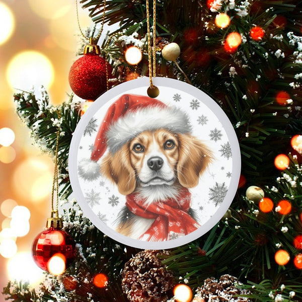 Festive Dog in Santa Hat and Scarf Ornament, Beagle Christmas Ornament, Glossy Ceramic Tree Keepsake, Hound Puppy Lover Holid