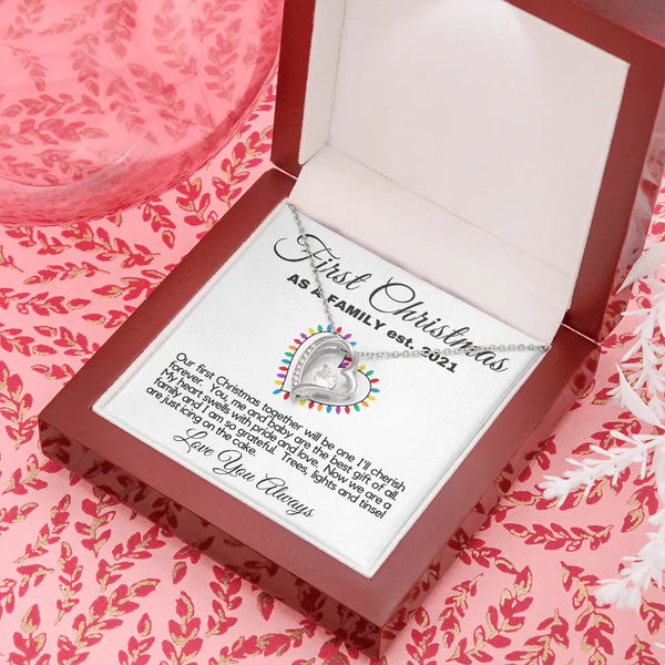 Forever Love Heart Necklace, First Christmas as a Family Necklace, 14K White Gold Cubic Zirconia Pendant, New Mom Wife Holida