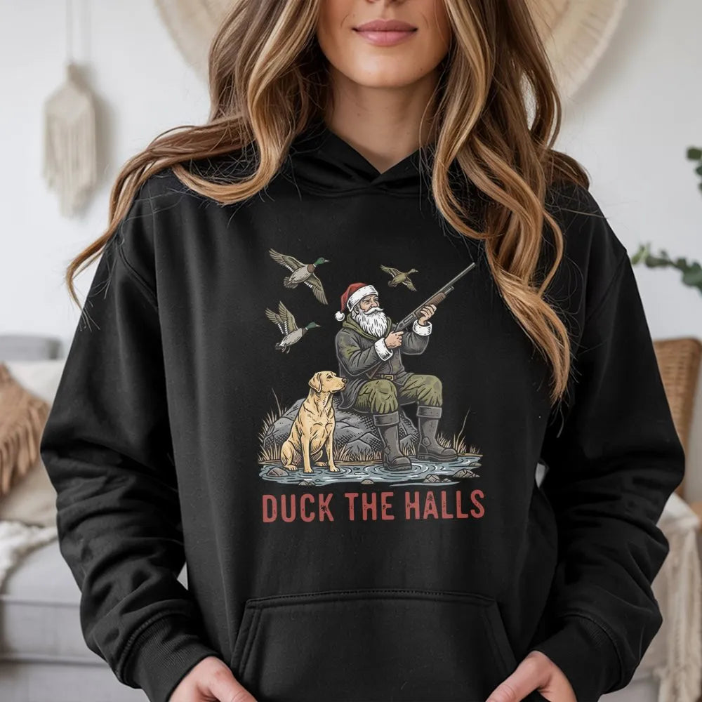 Santa Duck Hunting Labrador Sweatshirt, Duck the Halls Christmas Hoodie, Humorous Xmas Hunter Hoodie, Holiday Outdoorsman Hoo
