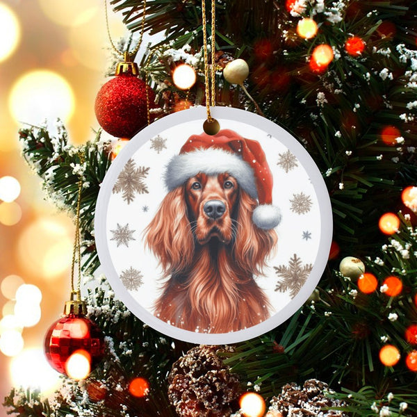 Santa Hat Dog Ornament, Irish Setter Christmas Ornament, Festive Puppy Ceramic Ornament, Pet Lover Xmas Tree Decor, Holiday K