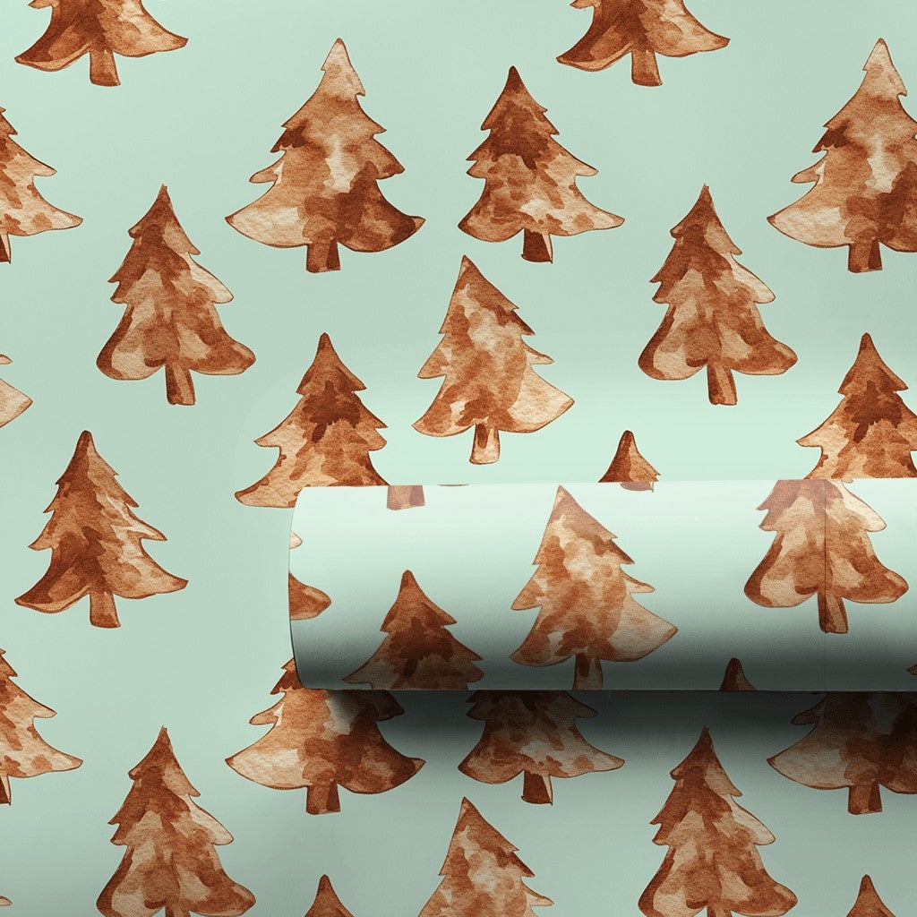 Rustic Pine Tree Gift Wrap Roll, Watercolor Christmas Tree Wrapping Paper, Mint Green Holiday Present Paper, Minimalist Winte