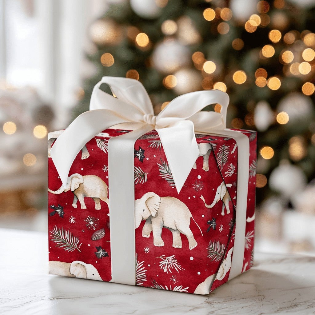 Festive Red Elephant Gift Wrap, Watercolor White Elephant Wrapping Paper, Christmas Elephant Wrapping Paper, Winter Botanical
