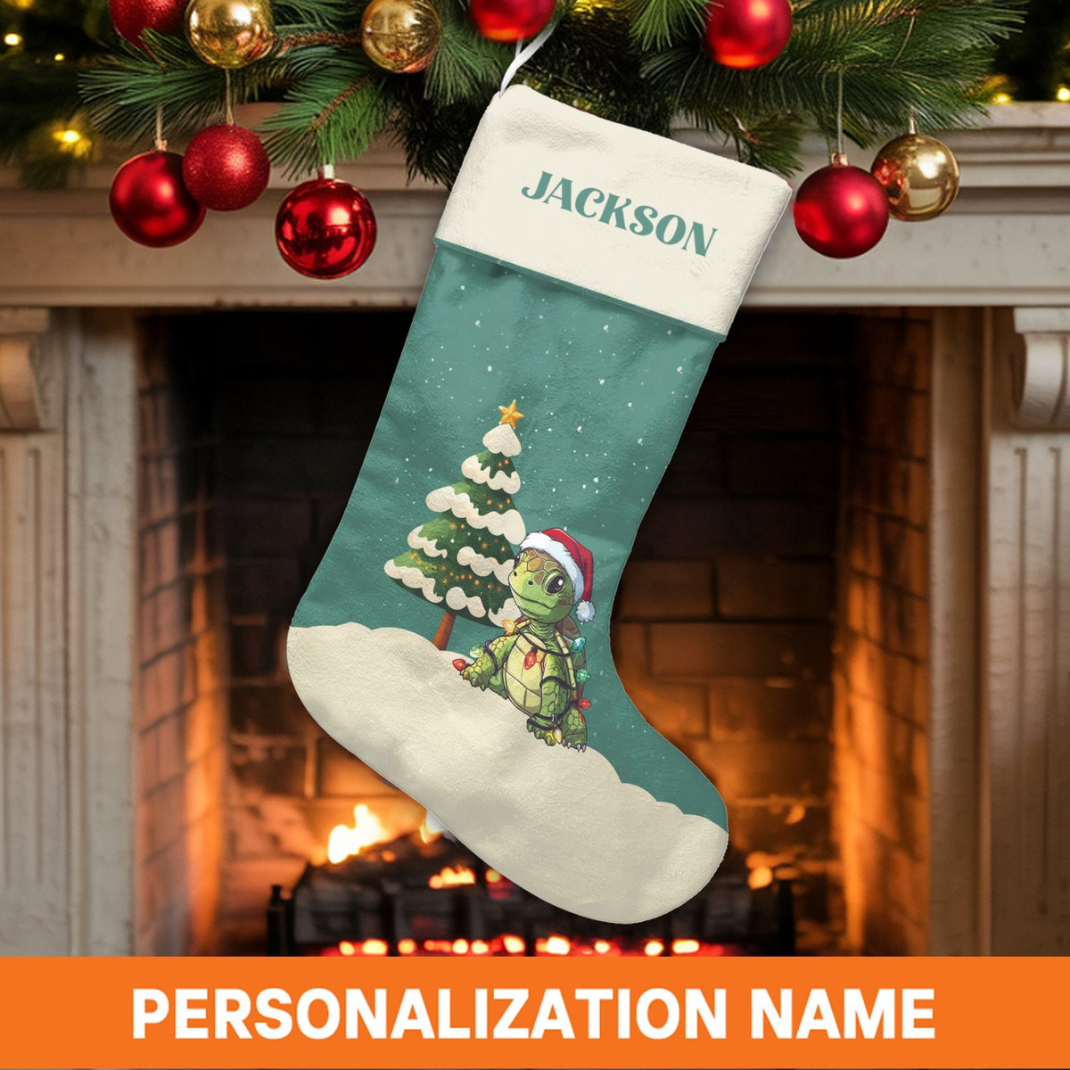 Sea Turtle Santa Holiday Stocking, Adorable Turtle Christmas Stocking, Personalized Christmas Stocking, Adorable Animal Firep