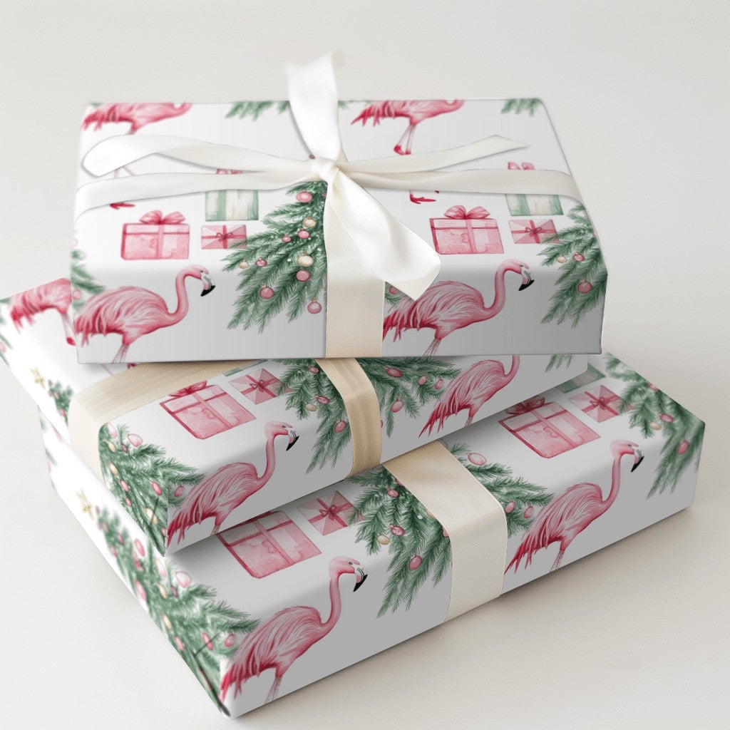 Tropical Holiday Gift Wrap, Pink Flamingo Christmas Wrapping Paper, Watercolor Flamingo Tree Wrapping Paper, Whimsical Christ