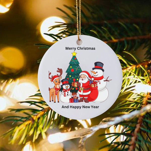 Santa Claus and Reindeer Ornament, Merry Christmas Tree Ceramic Ornament, Festive Holiday Keepsake Ornament, Christmas Presen