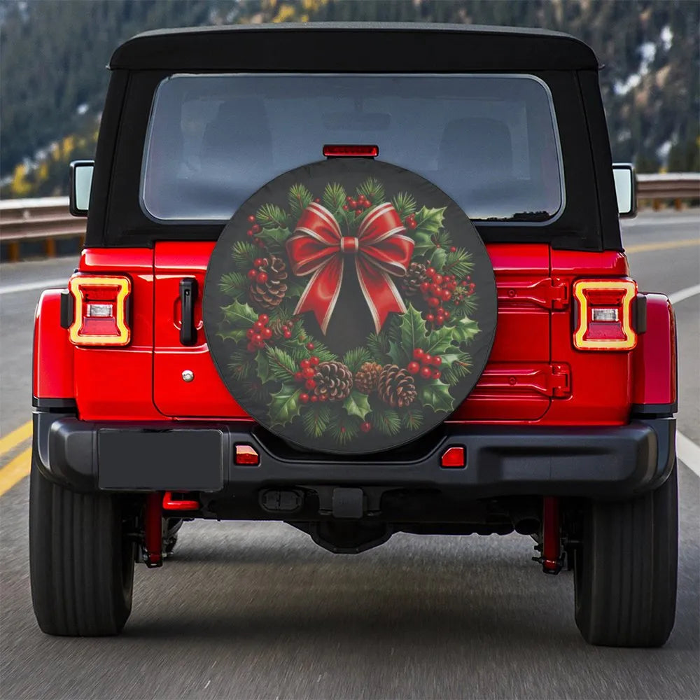 Festive Pinecone Red Bow Tire Cover, Christmas Wreath Spare Tire Cover, Waterproof Holiday Tire Cover, Xmas Jeep SUV Car Deco