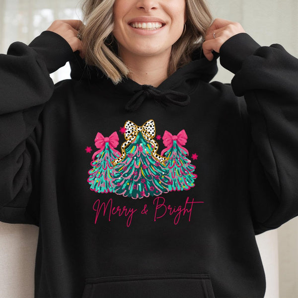 Pastel Christmas Tree Hooded Sweatshirt, Merry and Bright Christmas Hoodie, Aesthetic Holiday Hoodie, Comfy Winter Pullover P