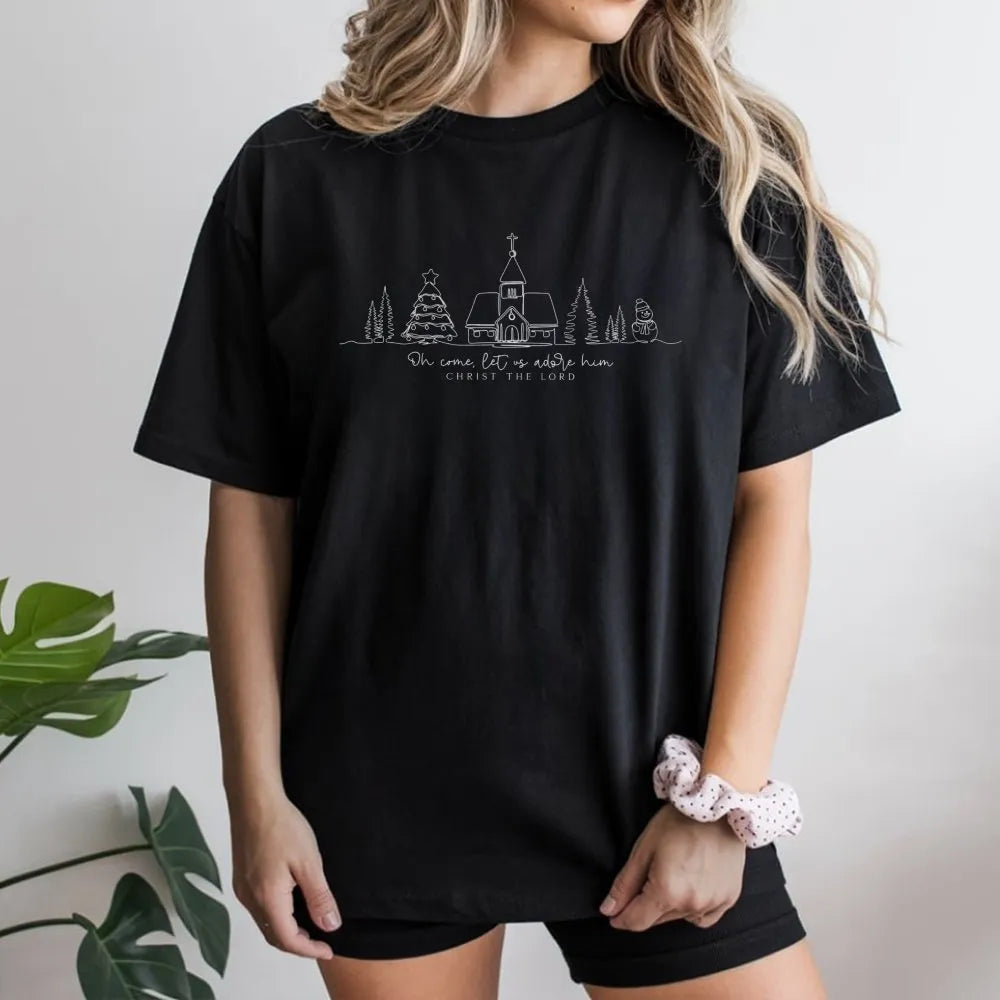 Minimalist Christmas Church T-Shirt, Oh Come Let Us Adore Him T-Shirt, Christian Faith Graphic Tee, Scripture Holiday Shirt, 