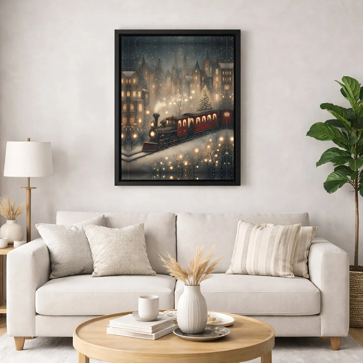 Snowy Village Winter Scene Canvas Print, Christmas Steam Train Canvas Wall Art, Festive Holiday Canvas Art, Vintage Xmas Home