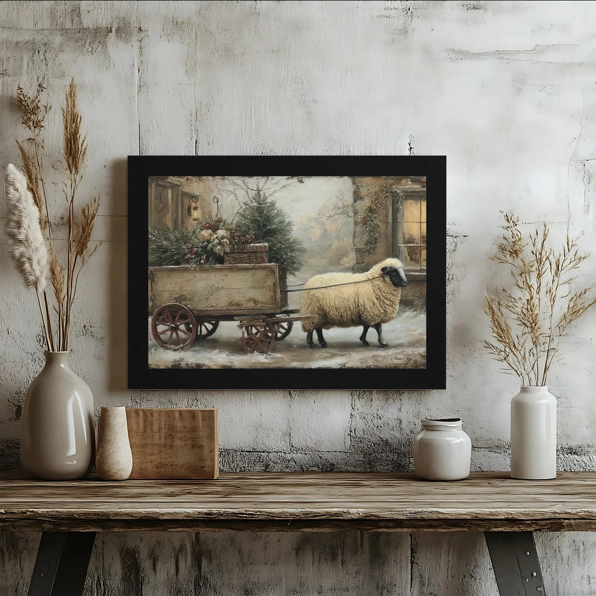 Sheep Winter Cart Canvas Print, Farmhouse Christmas Canvas Wall Art, Rustic Holiday Farm Canvas Painting, Comfy Seasonal Home
