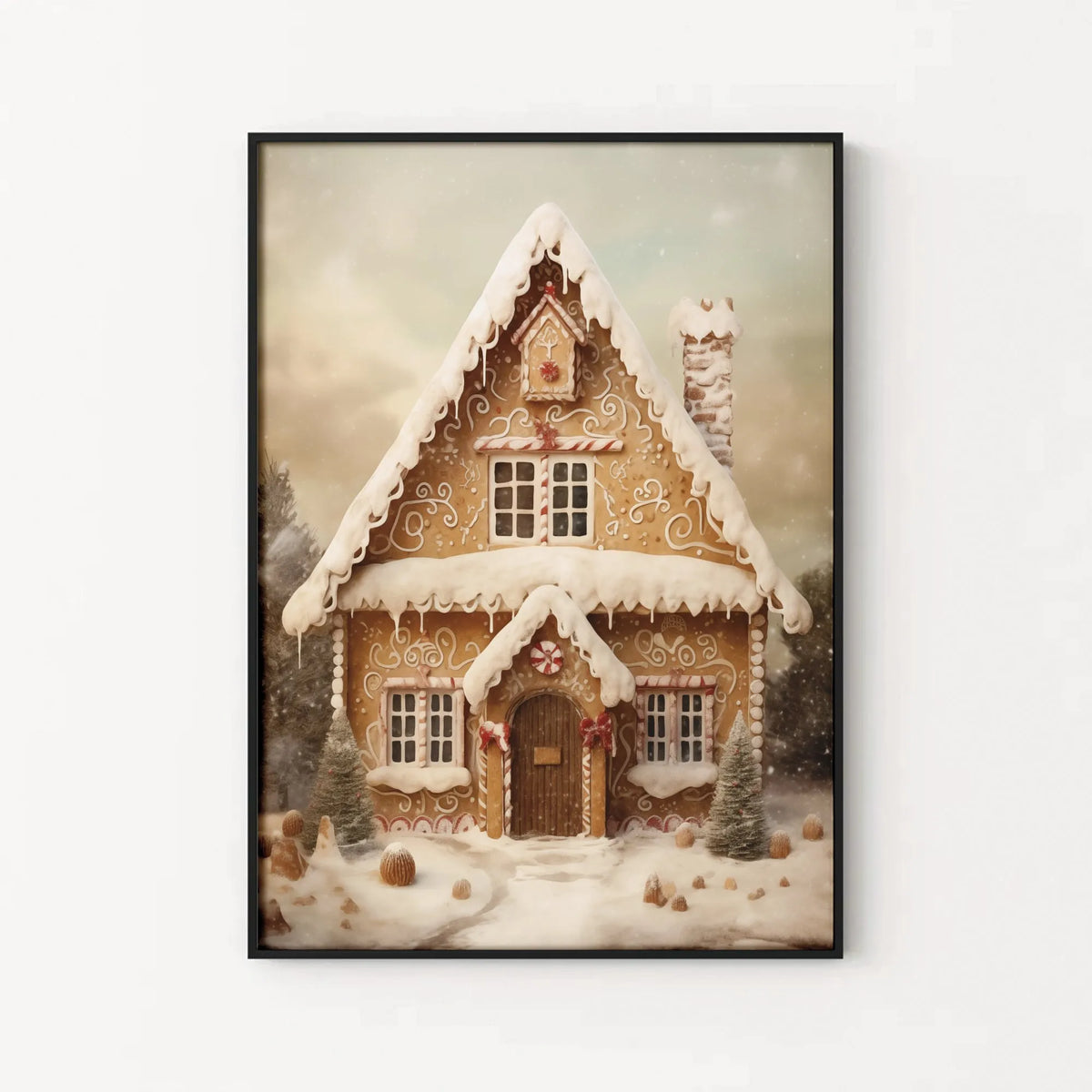 Vintage Winter Holiday Snow Poster, Gingerbread House Christmas Wall Art, Comfy Festive Christmas Cottage Print, Xmas Decor, 