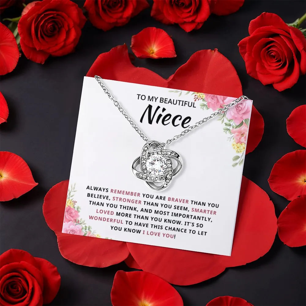 Gold CZ Crystal Pendant Jewelry, Niece Love Knot Necklace with Rotating Rose Box, Birthday Present for Niece, Christmas Prese