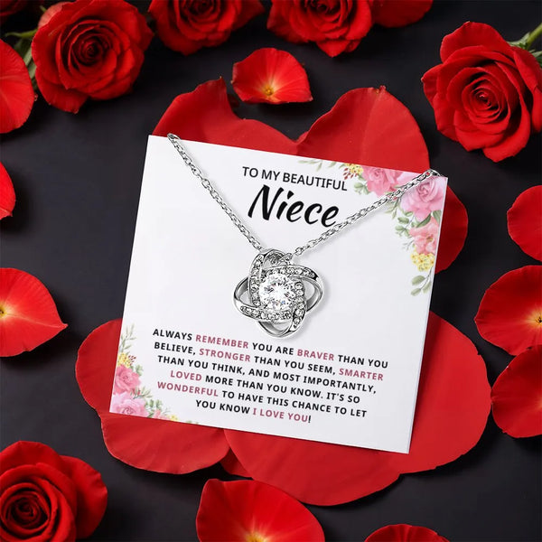 Gold CZ Crystal Pendant Jewelry, Niece Love Knot Necklace with Rotating Rose Box, Birthday Present for Niece, Christmas Prese