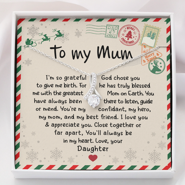 Cubic Zirconia Ribbon Pendant Necklace, To My Mum Necklace, 14k White Gold Finish Necklace, Mother Daughter Jewelry, Christma