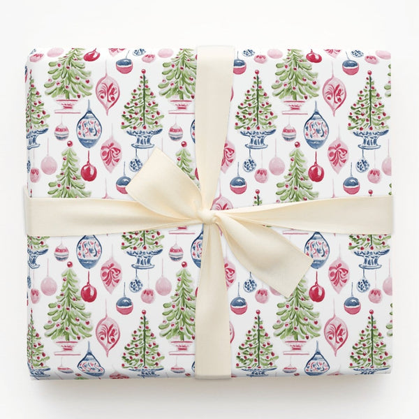 Potted Tree Holiday Gift Wrap, Watercolor Christmas Tree Wrapping Paper, Hanging Ornament Wrapping Paper, Festive Christmas P