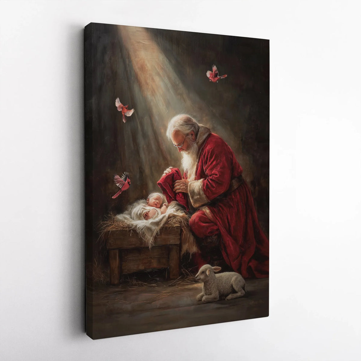Religious Christmas Nativity Canvas Wall Art, Santa Kneeling at Manger Canvas Print, Holy Night Faith Canvas, Christian Holid