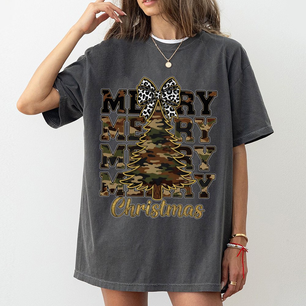Leopard Bow Holiday Tree Graphic Shirt, Camo Merry Christmas T-Shirt, Rustic Western Xmas Tee, Southern Winter Holiday Shirt 