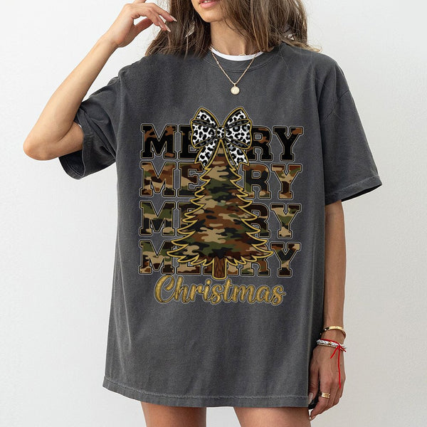 Leopard Bow Holiday Tree Graphic Shirt, Camo Merry Christmas T-Shirt, Rustic Western Xmas Tee, Southern Winter Holiday Shirt 