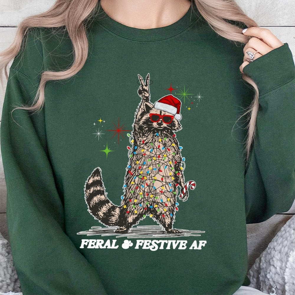 Tangled Lights Holiday Crewneck, Feral and Festive Raccoon Christmas Sweatshirt, Humorous Animal Xmas Pullover, Ugly Christma