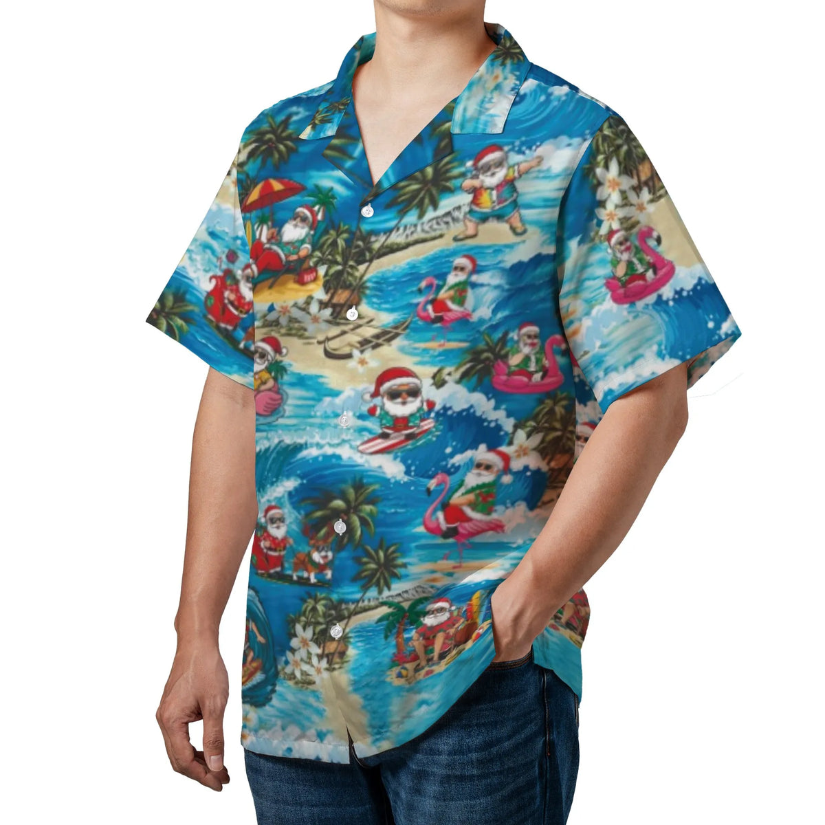 Tropical Christmas Aloha Shirt, Surfing Santa Hawaiian Shirt, Santa Claus Holiday Button Up Shirt, Humorous Beach Christmas S