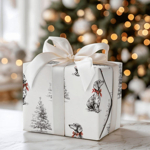 Dog with Red Bow Gift Wrap, Dachshund Christmas Wrapping Paper, Sketch Dachshund Holiday Wrapping Paper, Dog Lover Present Gi